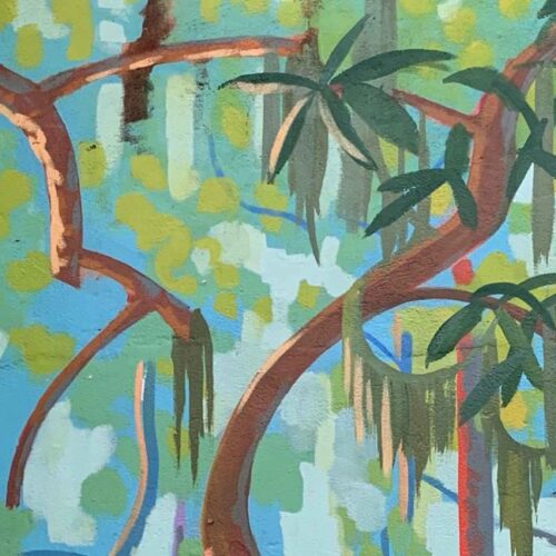 A vibrant mural of a forest scene filled with bold, expressive colors.