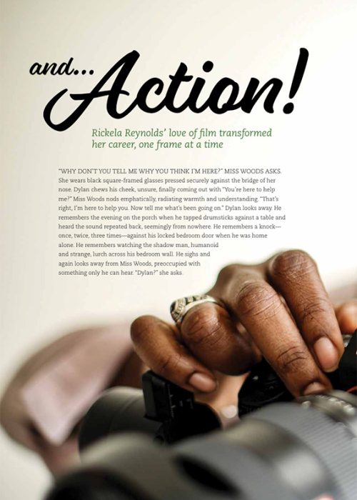 Page of THOM Magazine featuring a contemporary design of a woman photographer bringing the camera to her face