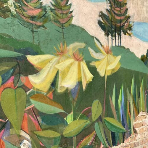 "An artistic representation of the Red Hills region, showcasing two vistas: one of a water scene with pitcher plants and water lilies, and another of a field and forest landscape.