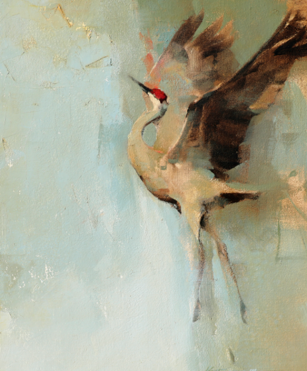 Two men standing in a gallery appreciating a sculpture of hunting dog. 