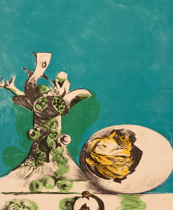 A man stands in front of a piece of art at the gallery. His back is the camera and hes wearing navy suit that matched the color of the art before him. 